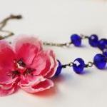 Blue Necklace, Cherry Blossom, Assymetrical..