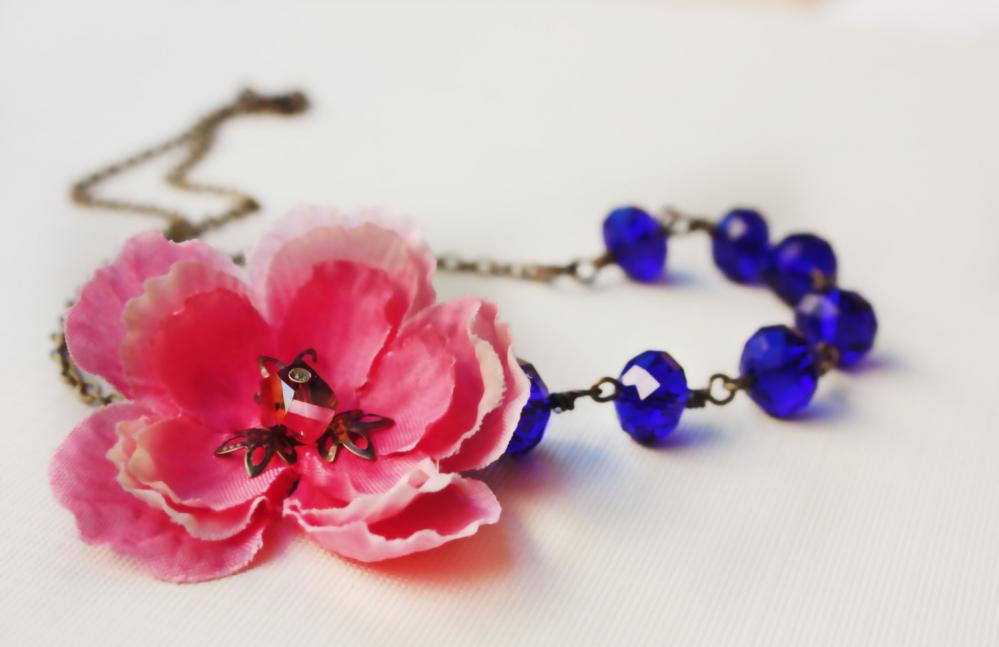 Blue Necklace, Cherry Blossom, Assymetrical Necklace