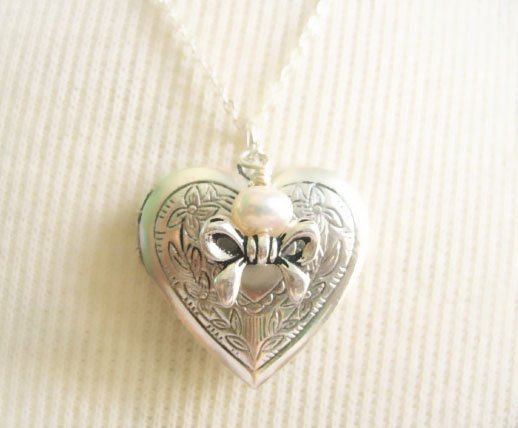 Bow And Pearl Heart Locket, Charm Necklace, Heart Locket Necklace, Pearls Necklace