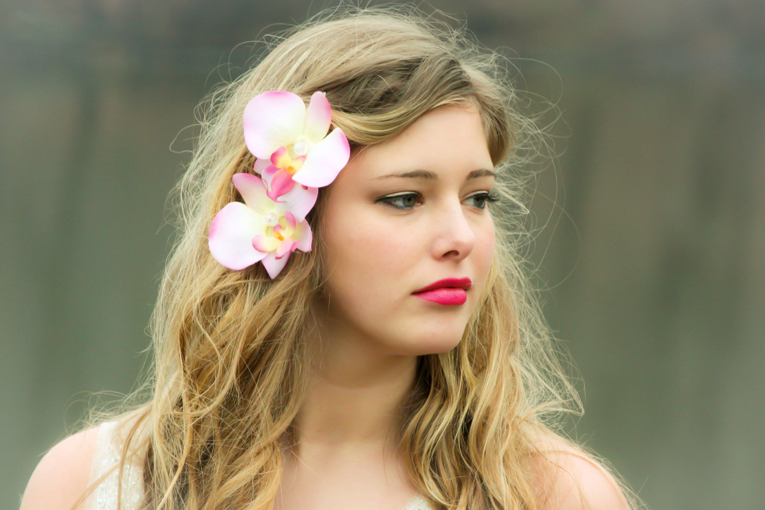 thumbnail image 2 of TseenYi Red Orchid Hair Clip – Large Fabric Floral Hairpin With Pearls, Bridal Wedding Headpiece, Boho Statement Clip 2 of 14